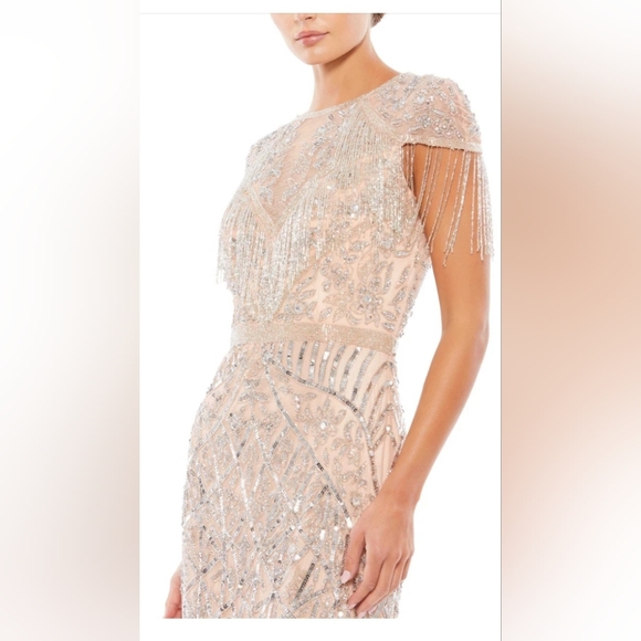 MAC DUGGAL EMBELLISHED FRINGE CAP SLEEVE TRUMPET GOWN PLATINUM PINK 12 NWT - Picture 2 of 16